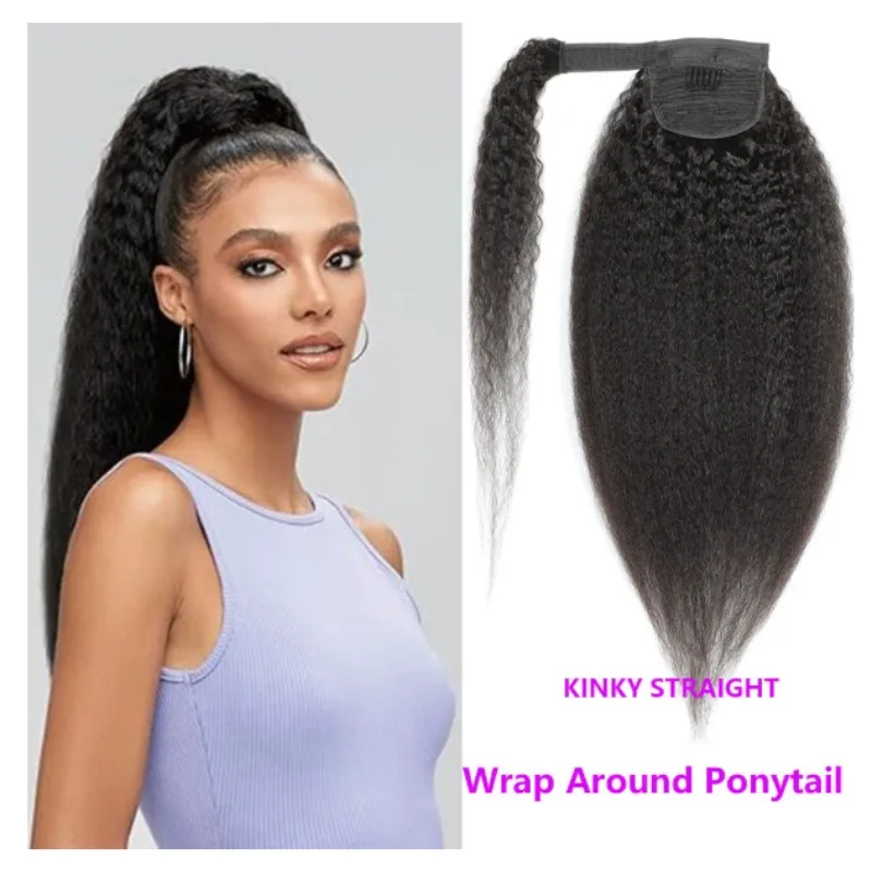 

8-26inch For Women Kinky Straight Ponytail Real Human Hair Extension 116-130gWrap Around Clip In Ponytail Natural Black Remy