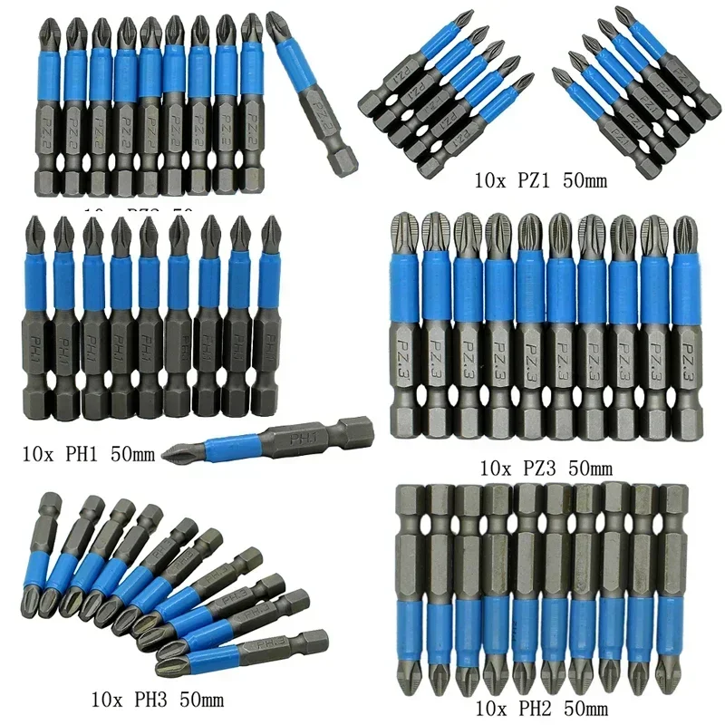 

10pc Non-Slip Magnetic Screwdriver Bit Set 50mm 1/4" Hex Shank For-Phillips Head Screwdriver Drill Bit PH1/PH2/PH3/PZ1/PZ2/PZ3