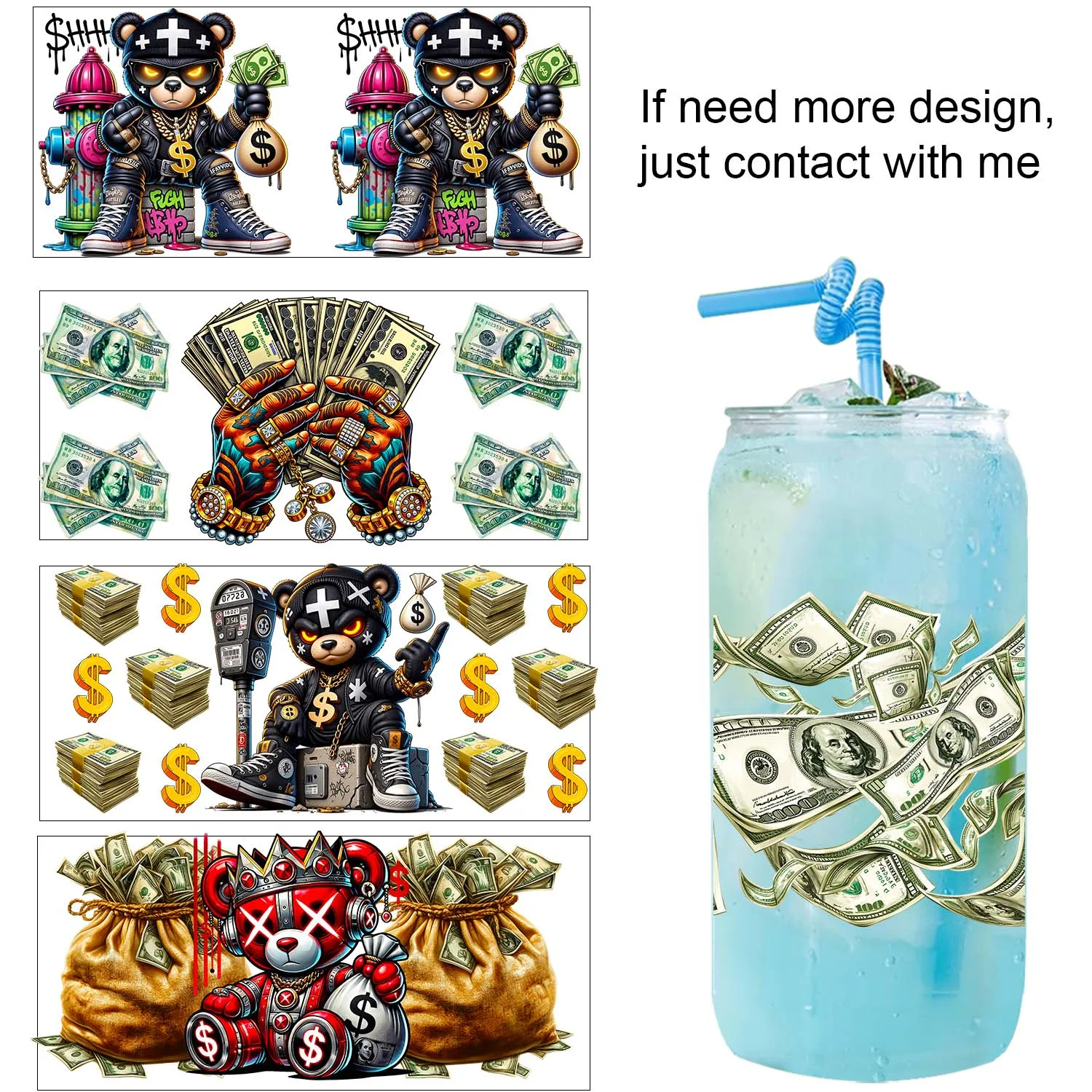 Street Vibe HUSTLY Bear 16oz UV DTF waterproof Party DIY Decals 3D transfers uvdtf tumbler stickers 16oz uv dtf cup wraps