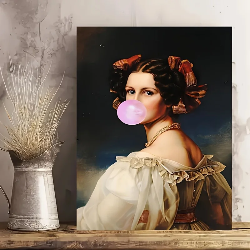 1pc Funny Vintage Lady Blowing Pink Bubble Gum Canvas Print Unframed Classic Portrait Wall Art Altered Modest Design