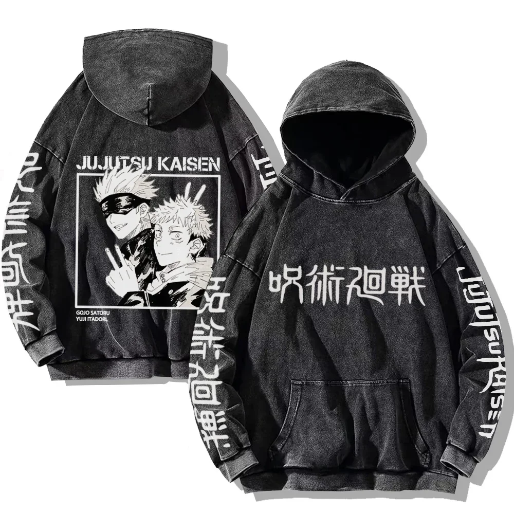 Jujutsu Kaisen Satoru Gojo Vintage Washed Hoodies Men Women Japanese Style Streetwear 100% Cotton Oversized Hoodies Sweatshirts