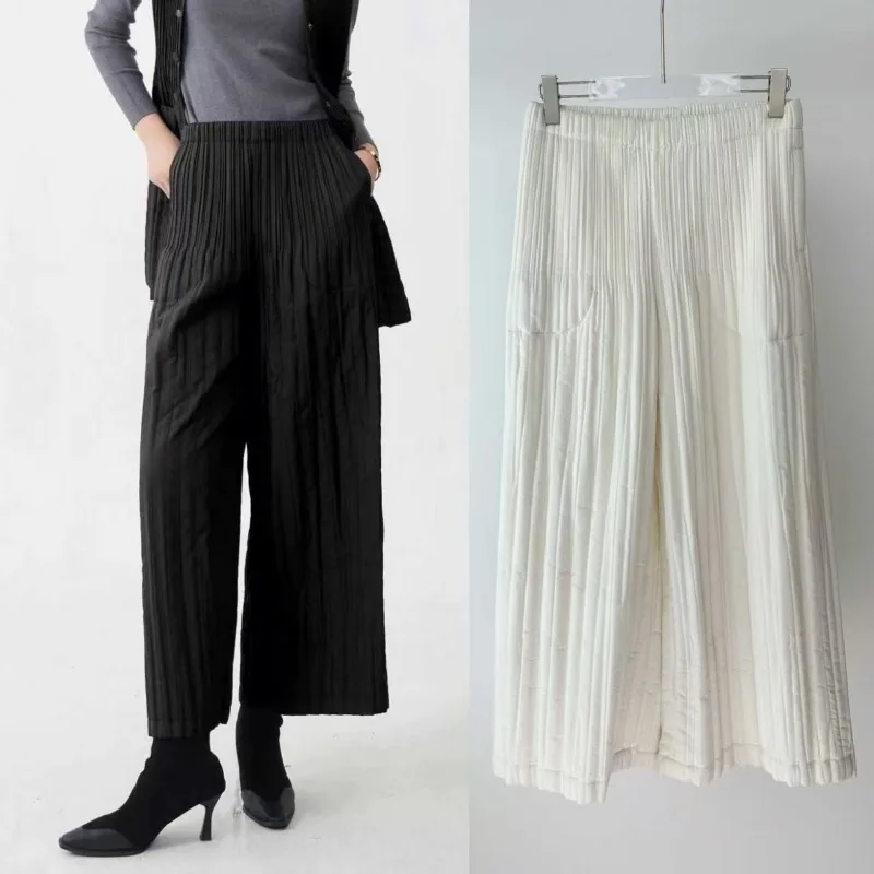 

Miyake плиссированные внешние хлопковые брюки, новинка зимы 2025, теплые свободные хлопковые утолщенные широкие прямые брюки с тонкими клипсами, литературные ретро