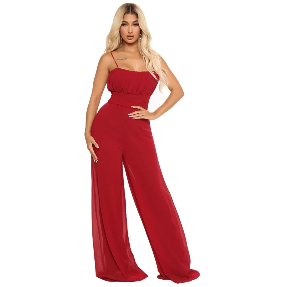 Women Chiffon Jumpsuit Spring Summer Solid Color Casual Sling Temperament Sexy Slim Jumpsuits Women's Trousers Elegant  Jumpsuit