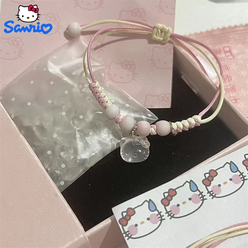 Kawaii HelloKittys Bracelet Y2k Pink Bracelet Lucky Girl Braided Bracelet Sweet Cute Pendant Good Friend Couple Jewelry Gift