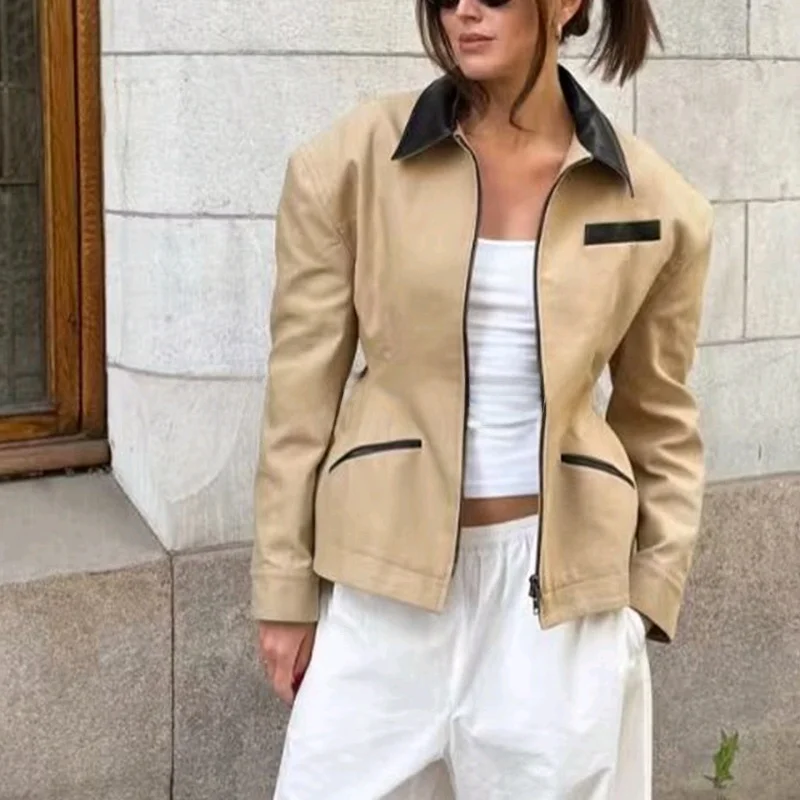 

Briti Sle свободного кроя, длинное пальто с воротником-стойкой из искусственной кожи, женское осеннее новое поступление, теплое модное пальто