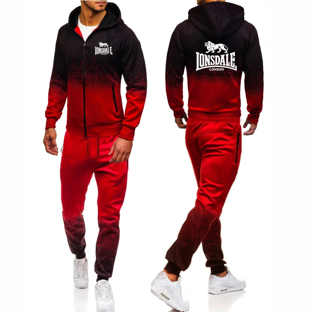 Lonsdale 2024 Spring Autumn New Style Printing Men Gradient Tracksuit Casual High Quality Cotton Hoodie Zipper Jacket+Pants Suit