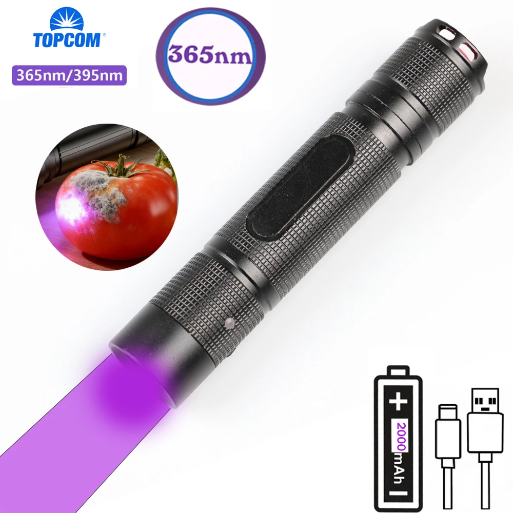 

TOPCOM УФ-свет 365 нм фонарик перезаряжаемый USB-УФ-фонарик blcck линза 5 Вт лазерный фонарь с аккумулятором 18650 для 2000 мАч