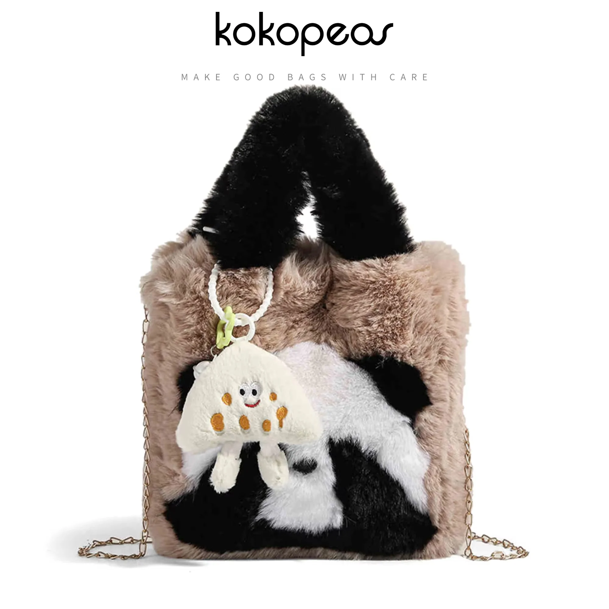 

KOKOPEAS Faux Fur Winter Plush Cute Panda Print Women Fashion Chain Crossbody Satchel Ladies Shopping Pouch Square Tote Handbag