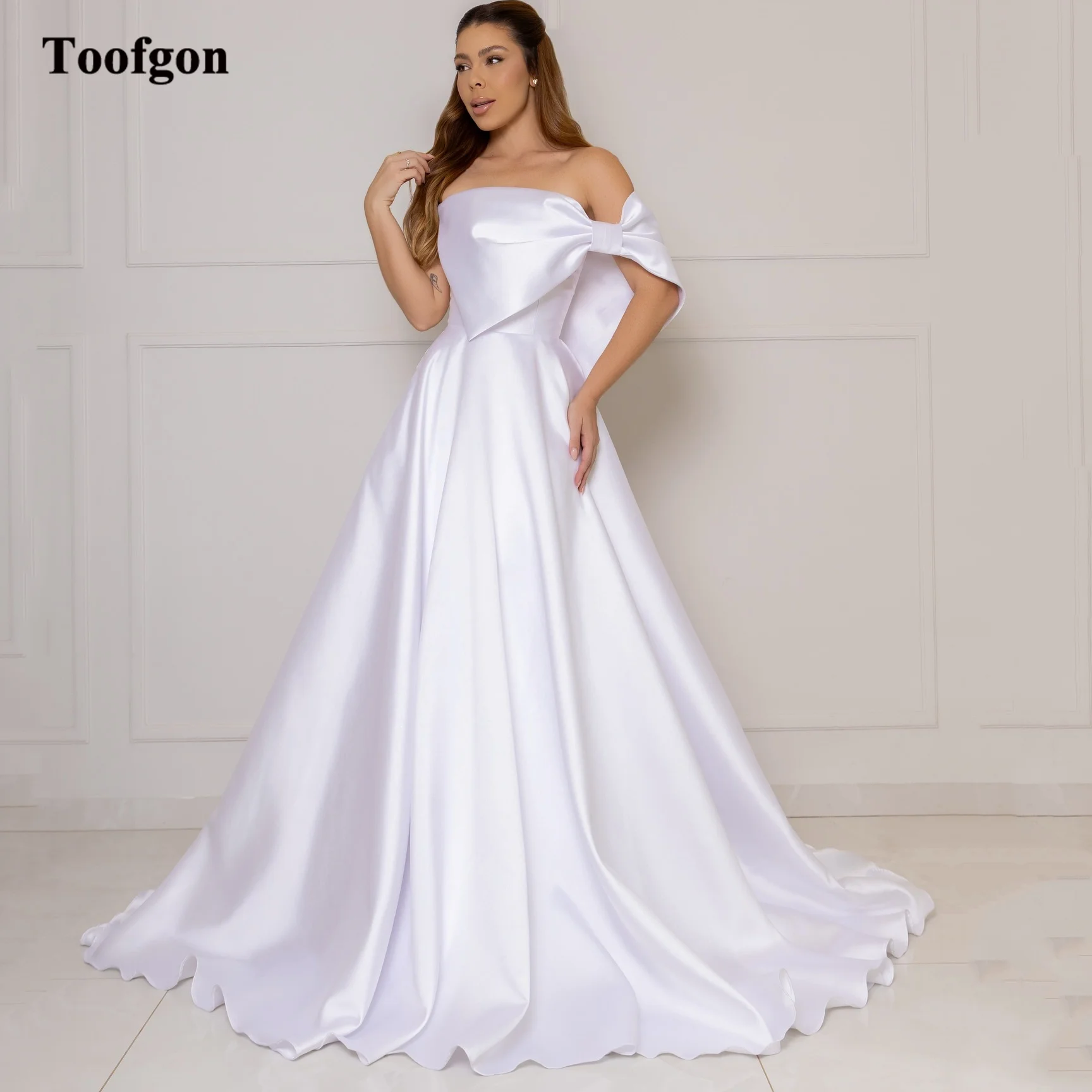 Toofgon White Satin Wedding Dresses Customized One Shoulder Long Train Formal Bride Dress Bridal Wedding Photography Gowns 2026