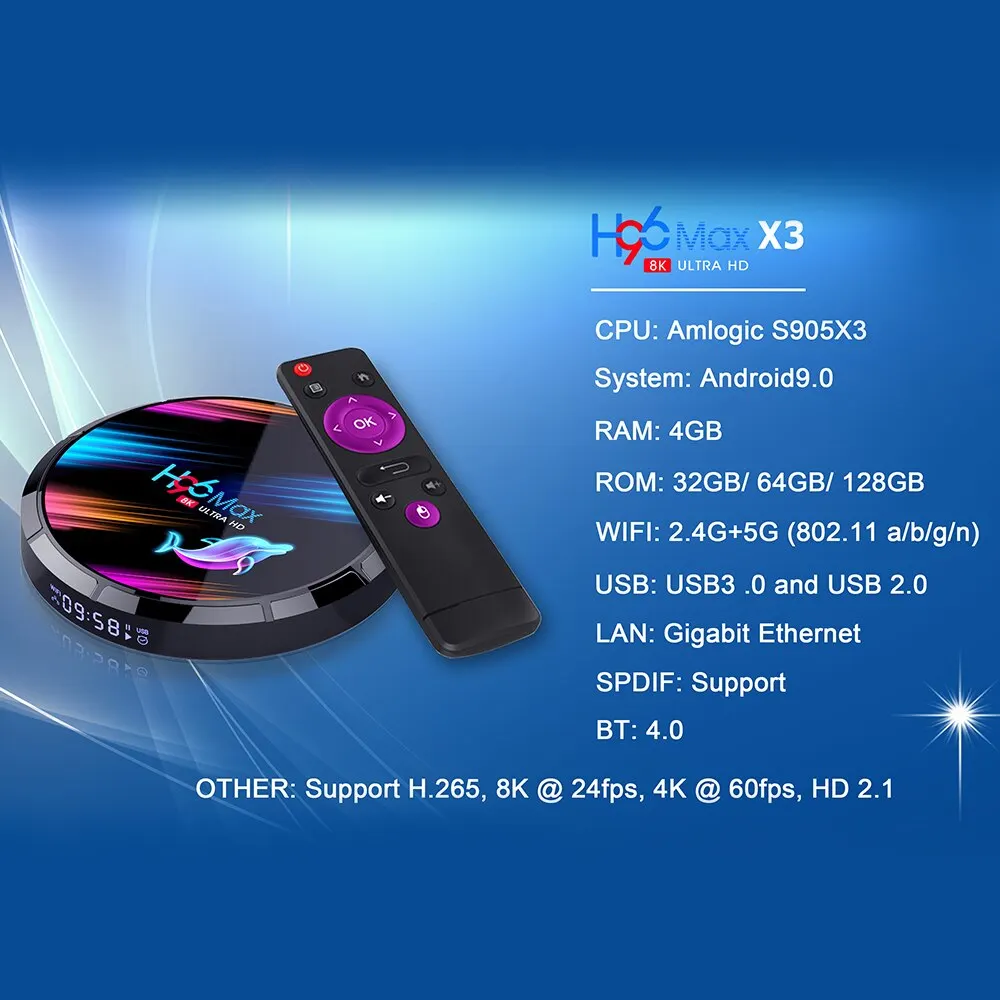 H96 MAX X3 ذكي من من من نوع GB 64GB 32GB Amlogic905X3 رباعي النواة ثنائي الواي فاي 8K H96MAX X3 M LAN مجموعة توب بوكس أندرويد