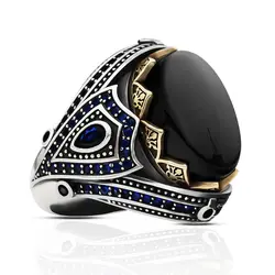 Wholesale Men's Rings 925 Sterling Silver Black Agate Natural Stone Handmade Statement Vintage Turkish Heavy Big Hand Ring