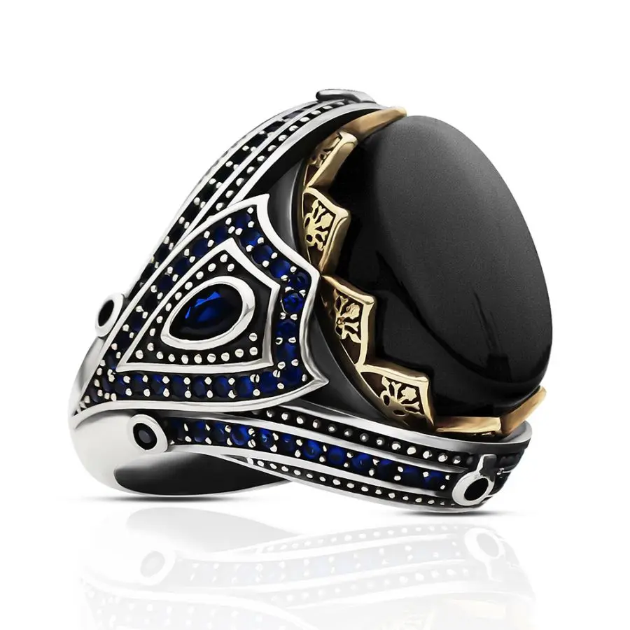 Wholesale Men's Rings 925 Sterling Silver Black Agate Natural Stone Handmade Statement Vintage Turkish Heavy Big Hand Ring