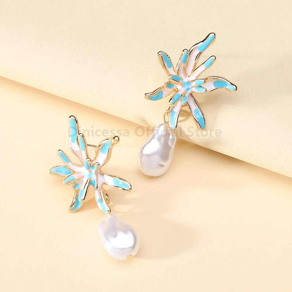 Luxury Simplicity Enamel Metal Flower Imitation Pearl Dangle Earrings For Women Fashion Charming Pendant Jewelry Accessories image 3