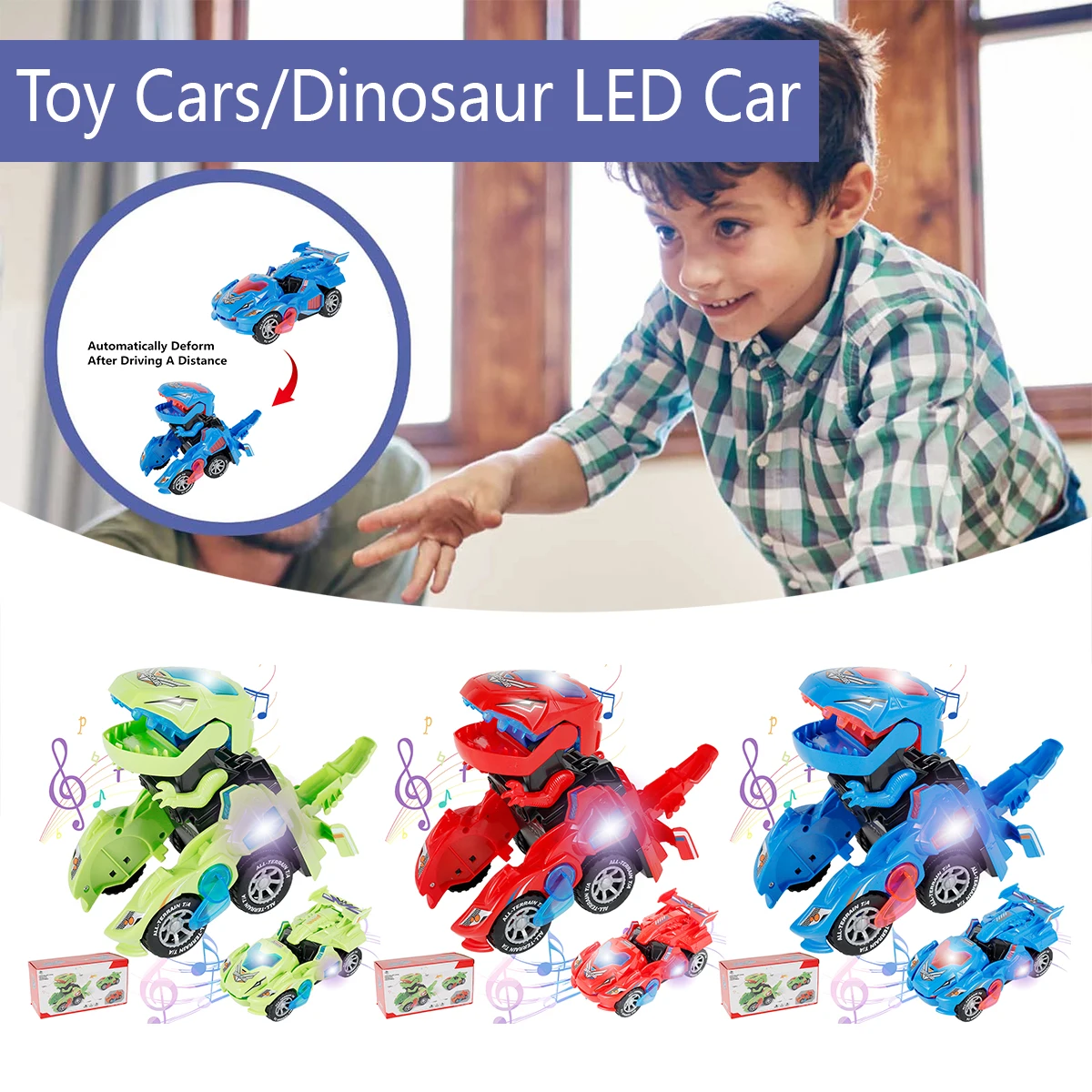 

Transforming Dinosaur Toys Automatic Transforming Dinosaur Car Toys with LED Light and Music Battery Operated Parent-children