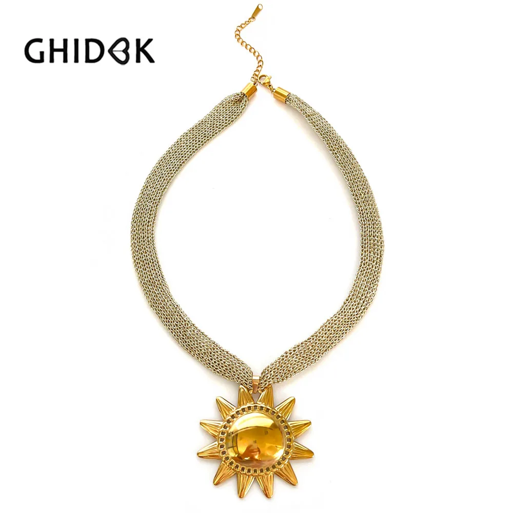 GHIDBK, collares con colgante de concha de sol y corazón chapado en oro de acero inoxidable para mujer, cadena de cinturón de malla tejida a la moda, nuevo 2025