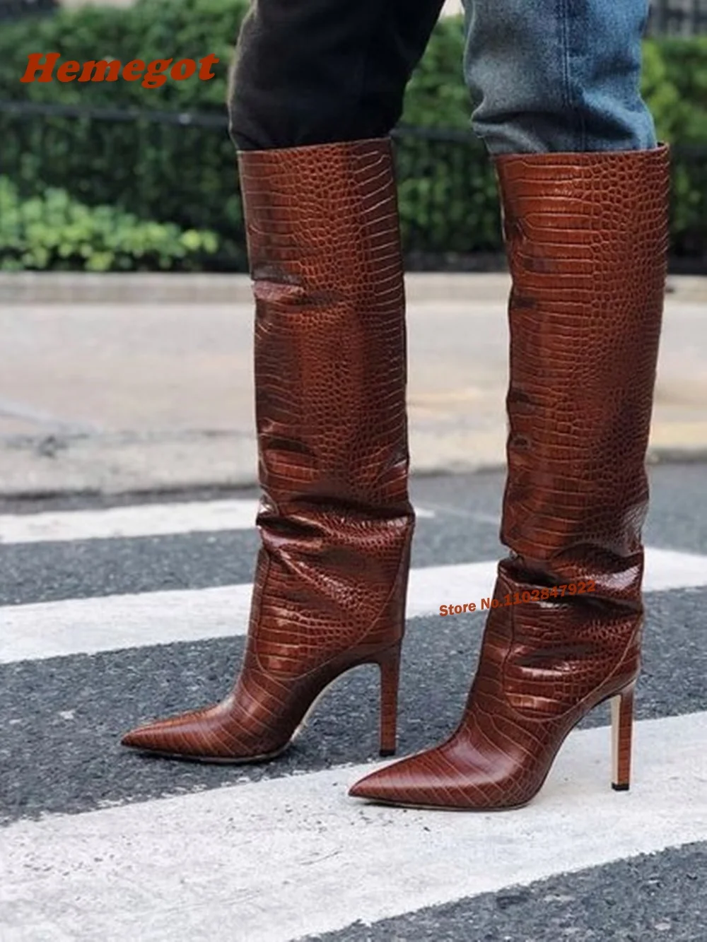 Brown Croc-Pattern Stiletto Boots Pointed Toe Thin High Heels Knee-High Slip On Women's Boots Casual Winter Plus Size 46 Solid