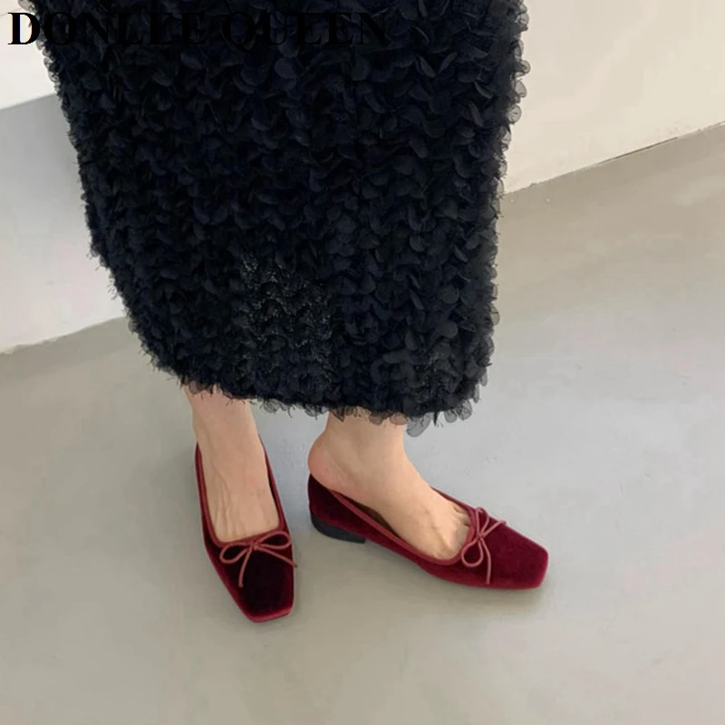 2024 New Autumn Fashion Flat Ballet Shoes Female Bow Knot Shallow Ballet Square Toe Female Ballerina Soft Moccasin Zapatos Mujer