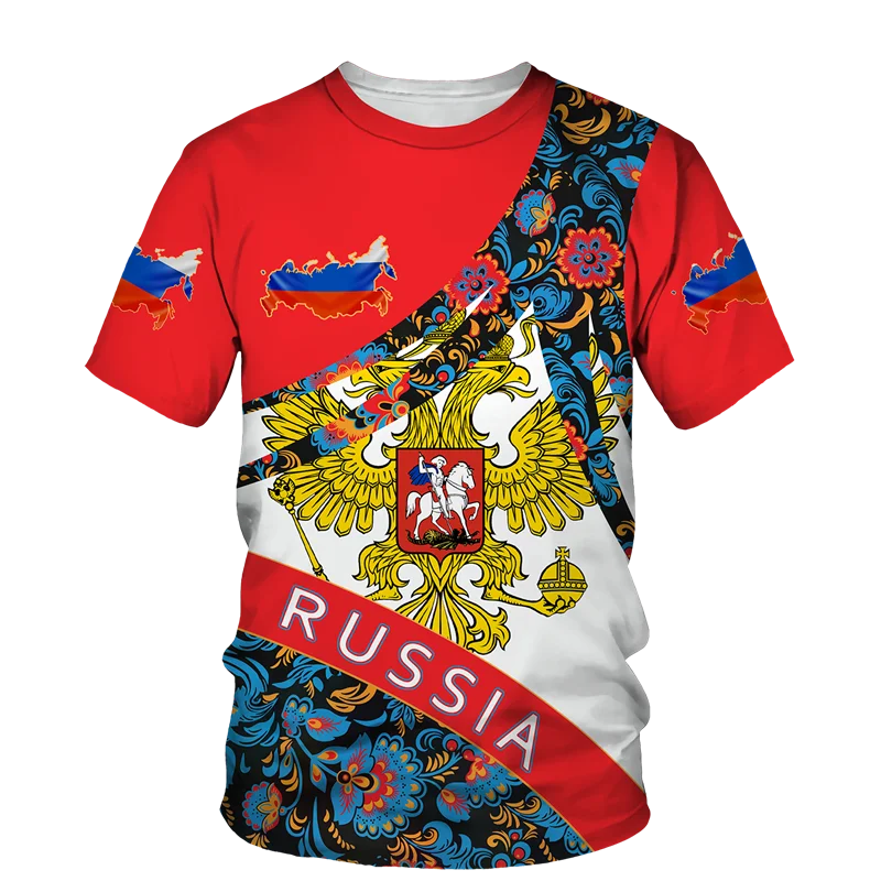 Summer Men\'s T-Shirt Russian Flag Print Short Sleeve Crew Neck Clothing Men\'s Fashion Street Top Tee Oversized Casual T-Shirt