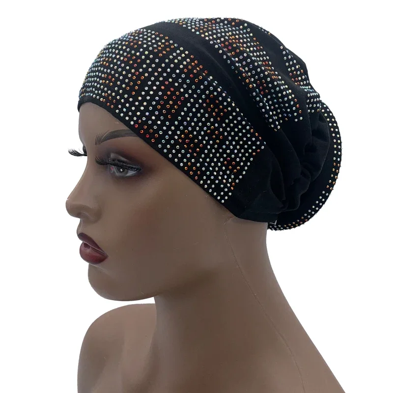 2024 Nieuwe Vrouwen Volledig Diamanten Donut Tulband Pet Elastische Moslim Hijab Hoed Dames Hoofdband Tulbanden Afrikaanse India Caps