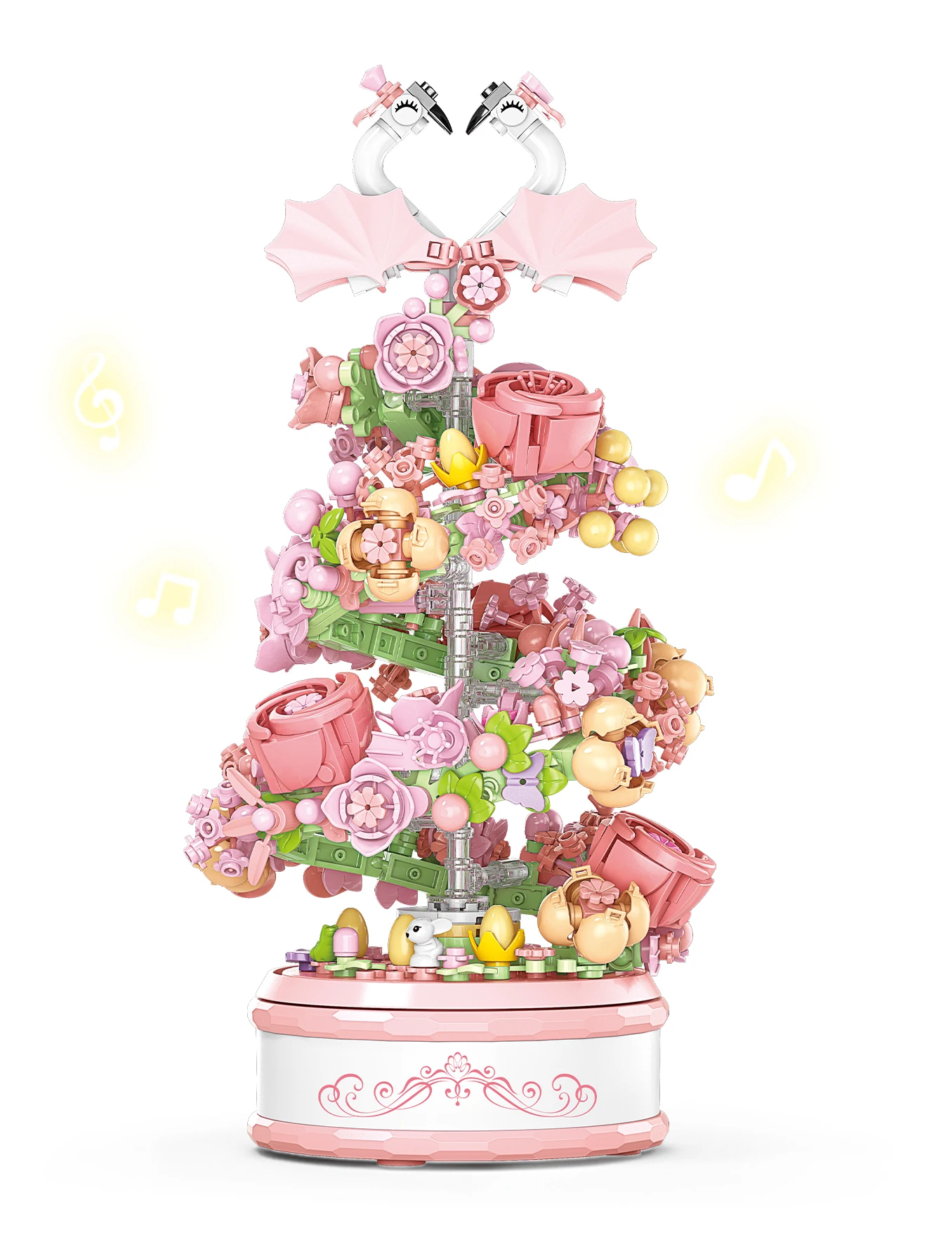 Klocki konstrukcyjne, pozytywka z kwiatem i łabędziem, 713 elementów, seria ozdób do dekoracji domu