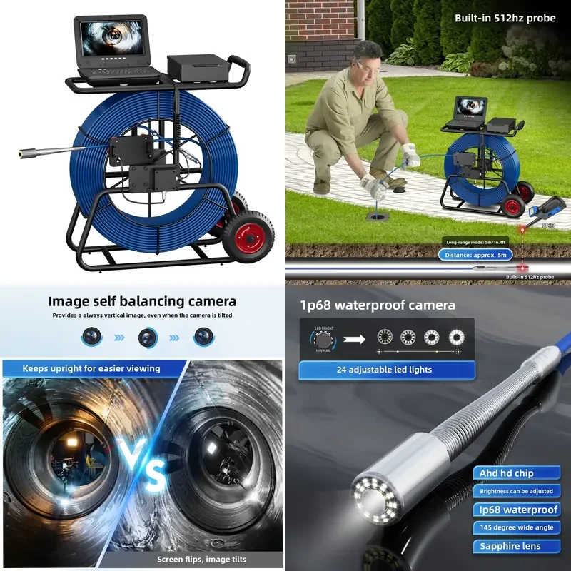 9mm diameter cable, 200m industrial pipeline inspection system, sewer , 512Hz, 10-inch sensor