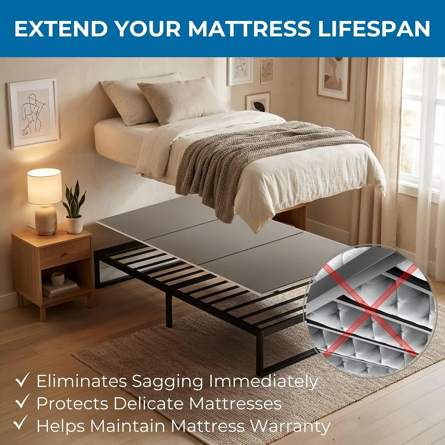 Original Bunkie Board Twin Size (38x75) - Non-Slip Breathable Bed Support Board for Slatted Bed Frame, Anti-Sag Under Bed