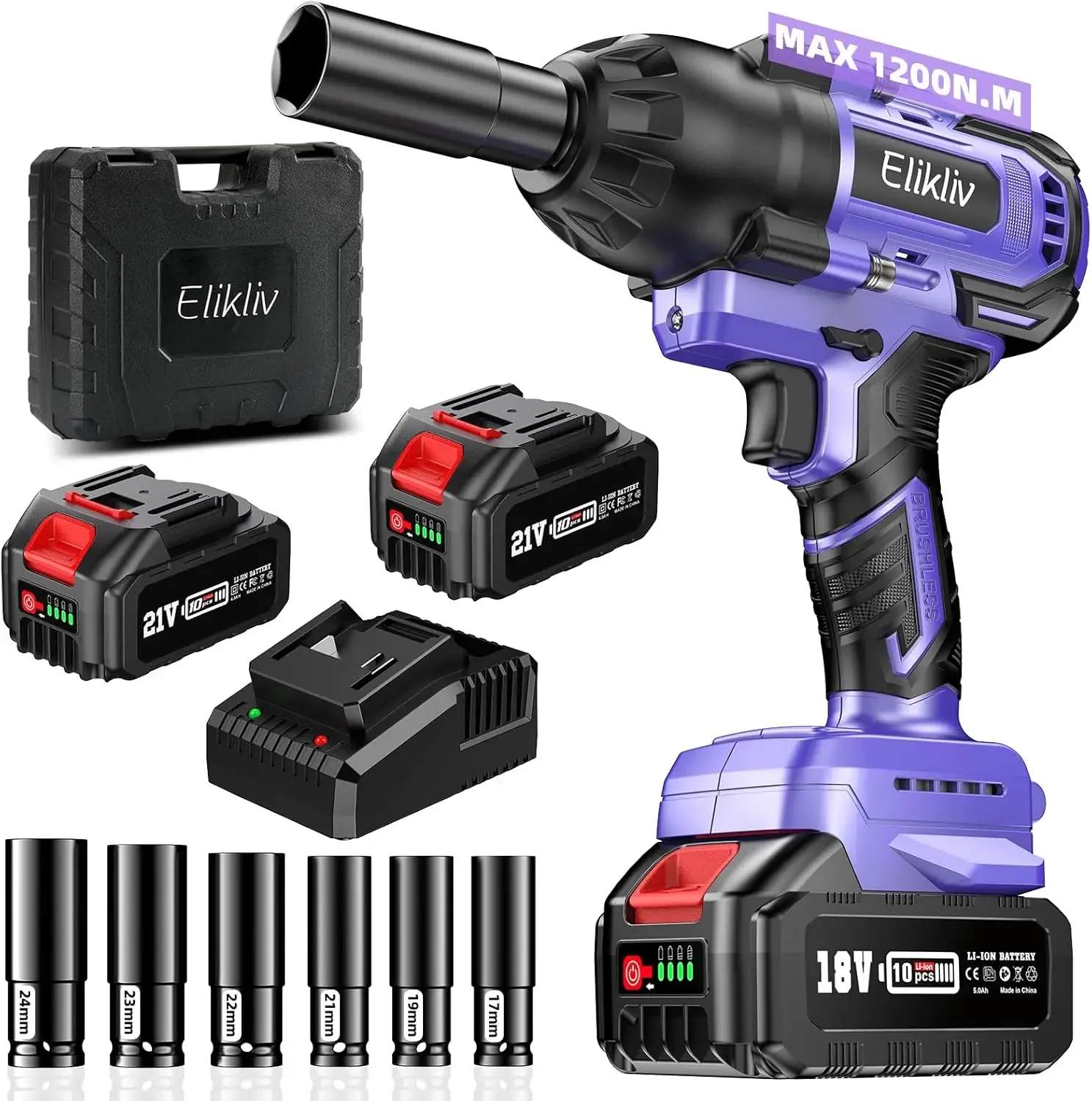 Cordless Impact Wrench 1/2 Inch, High Torque Brushless Power Impact Gun, 2x5.0 Ah Battery with Fast Charge, Electric Impact Driv