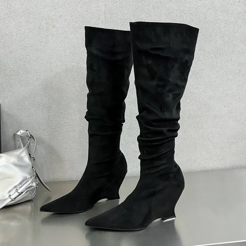 Eilyken Winter Fashion Pleated Pointed Toe Women Knee-High Boots Concise Wedges High Heels Shoes Long Botas Mujer