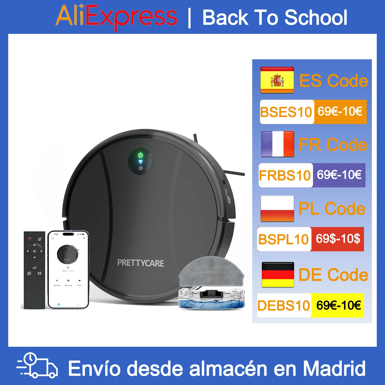 PrettyCare C2 Robot aspirapolvere e mocio per pavimenti, aspirazione 4000Pa, aspirapolvere Robot con Boost automatico di tappeti, Alexa/WiFi/App