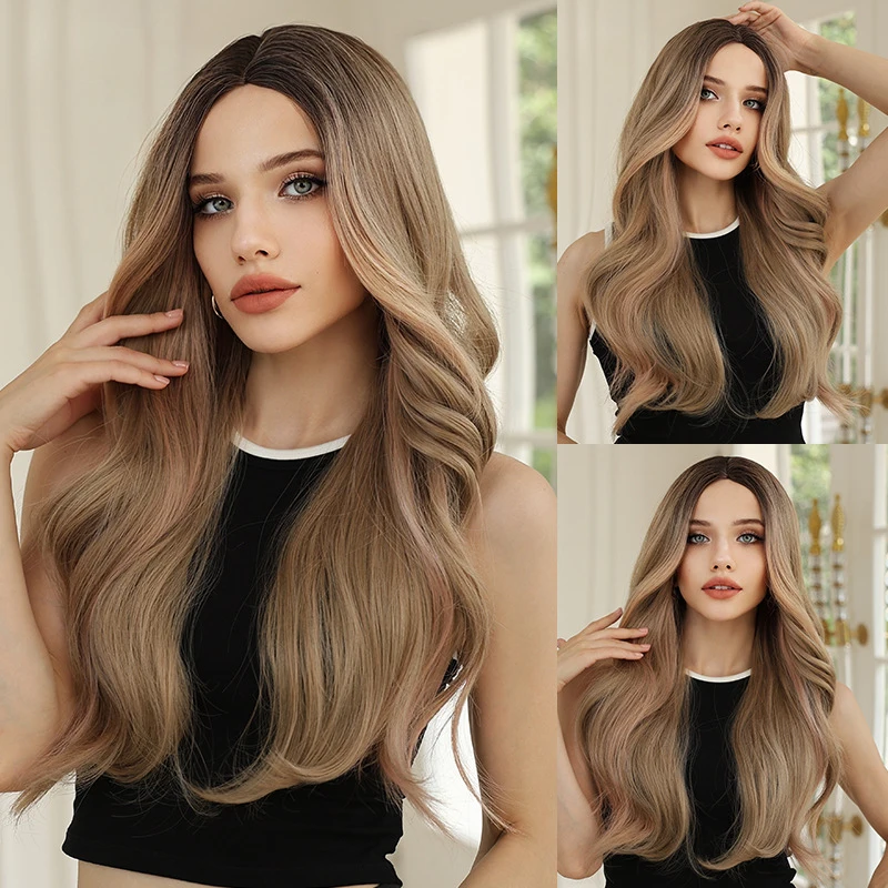 

Women's with middle parting, large wavy long curly hair, fashionable gradient brown synthetic fiber full head wig
