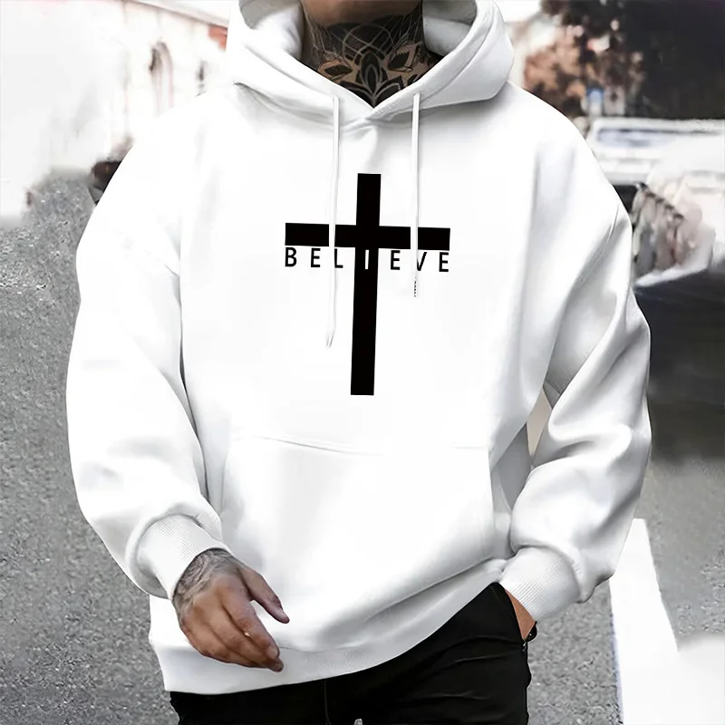 Jesus Kreuz Gedruckt Männer Hoodies Urban Casual Streetwear Fashion Mit Kapuze Sweatshirt Männlich Trendy 2025, Herbst Winter Hoody Oberbekleidung