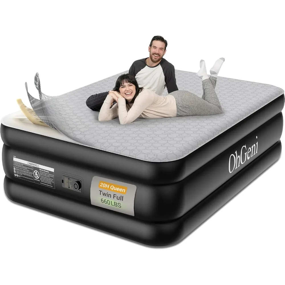 

luxury 20" queen size air mattress with integrated pump and silk foam topper for enhanced comfort