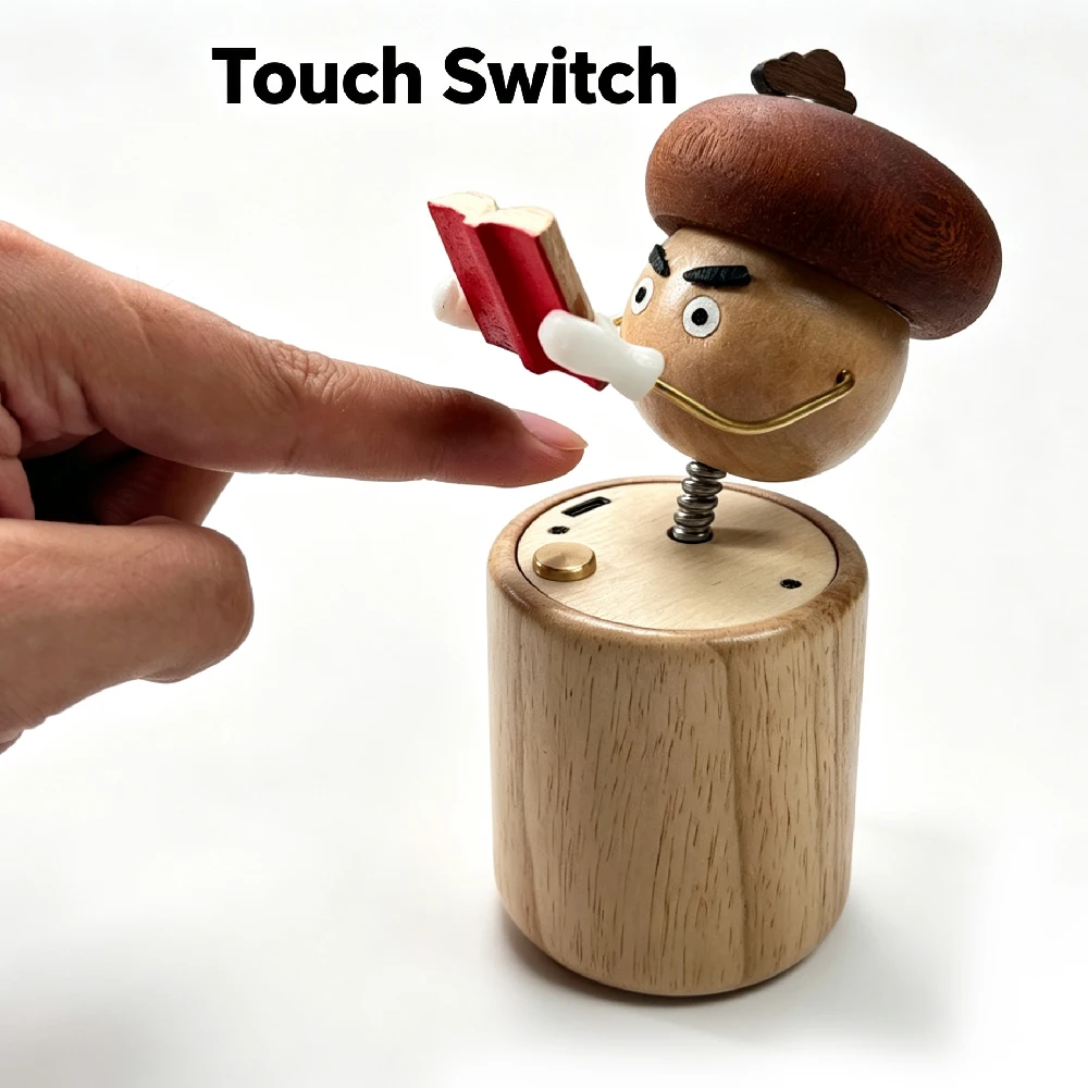 Rechargeable Wooden Mushroom Reading Statue Figurine, Calming Desktop Decoration, Stress Relief Decor for Study Room,Office Desk