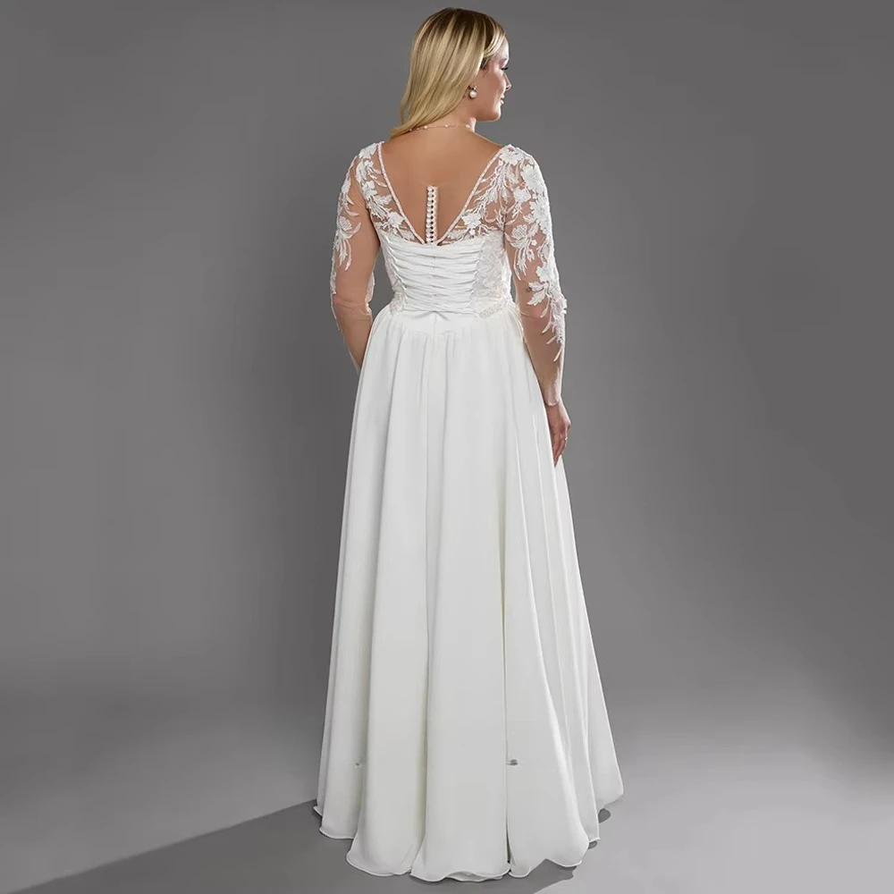 Plunging V Neck Long Lace Sleeves Wedding Dress Lace Bodice High Front Split Chiffon A Line Skirt with Sweep Train for Bride