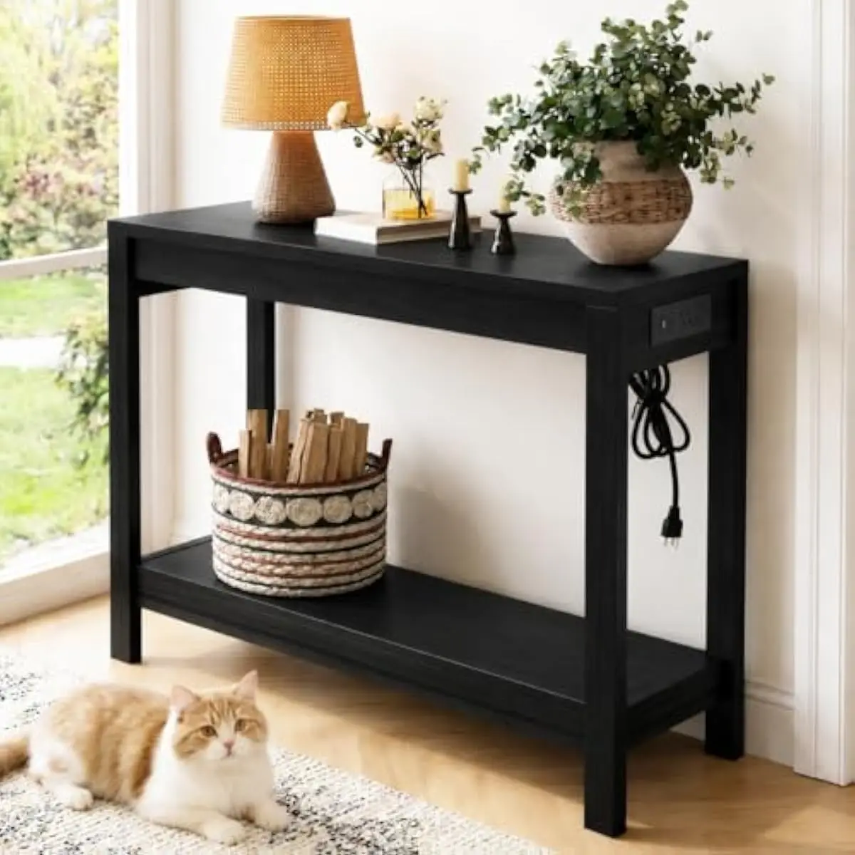 47 inch slim console table with built-in power hub featuring dual AC sockets USB and USB-C ports plus open lower shelf for footw