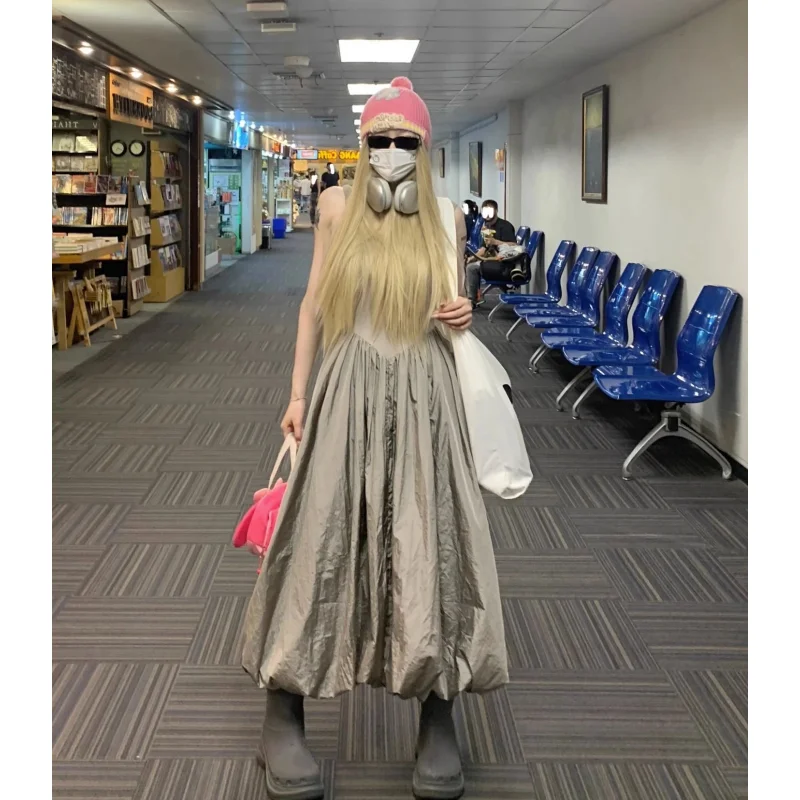 Summer Grey Dress Y2K Clothes Women Backless Dress Solid Sleeveless Sexy Korean Fashion 2023 Female Simple NEW Long Dress