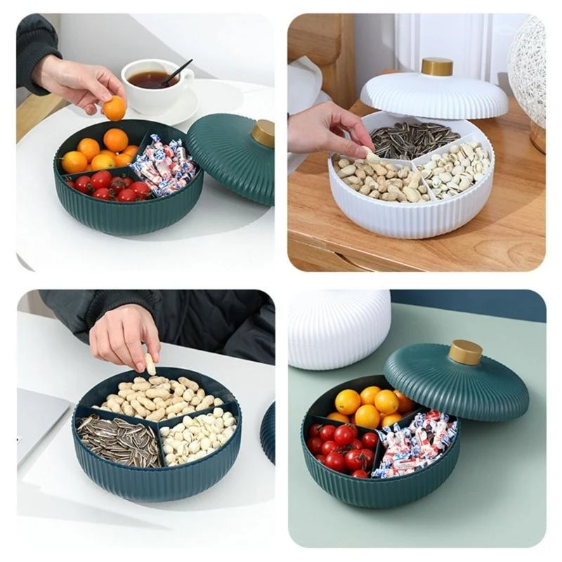 Serving Tray with Lid Fruit Serving Container Compartment Round Appetizer Tray Divided Plastics Storage Plate