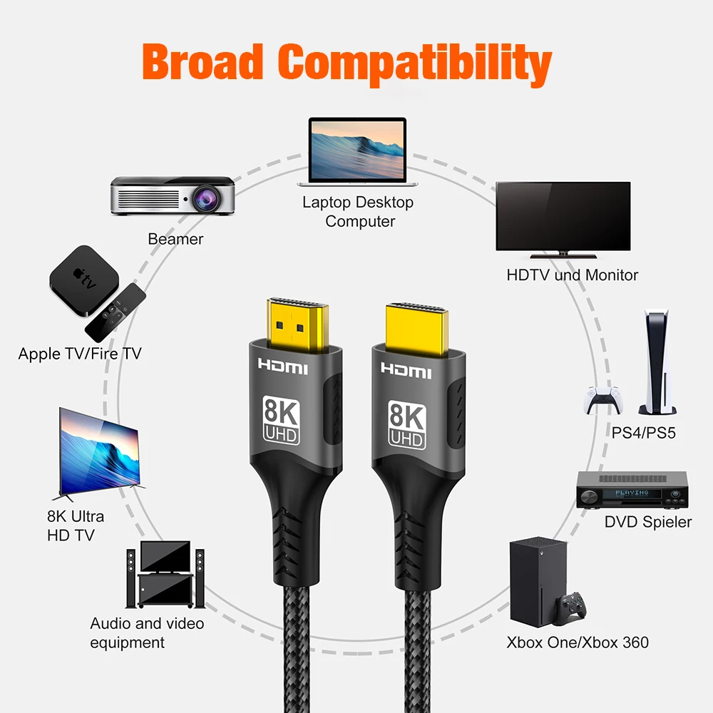 Ultra High Speed 8K HDMI 2.1 Cable 8K@60Hz 4K@120Hz 48Gbps EARC ARC HDCP HDR For RTX Video Cable PC Laptop Projector HD TV PS5