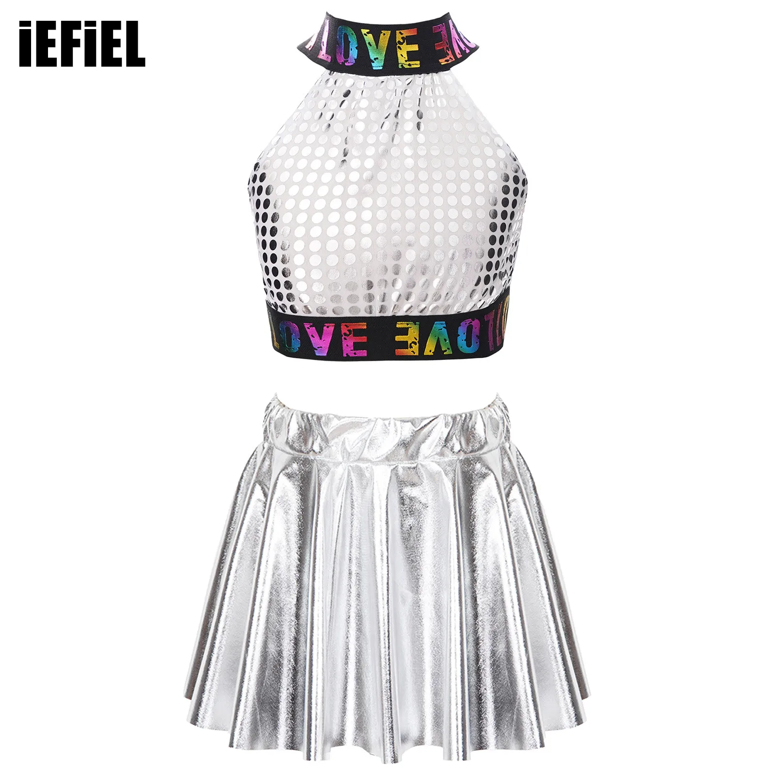 Kids Girls Shiny Sequin Dance Outfit Letters Printed Crop Top with Elastic Waistband Skirt for Jazz Dance Performance