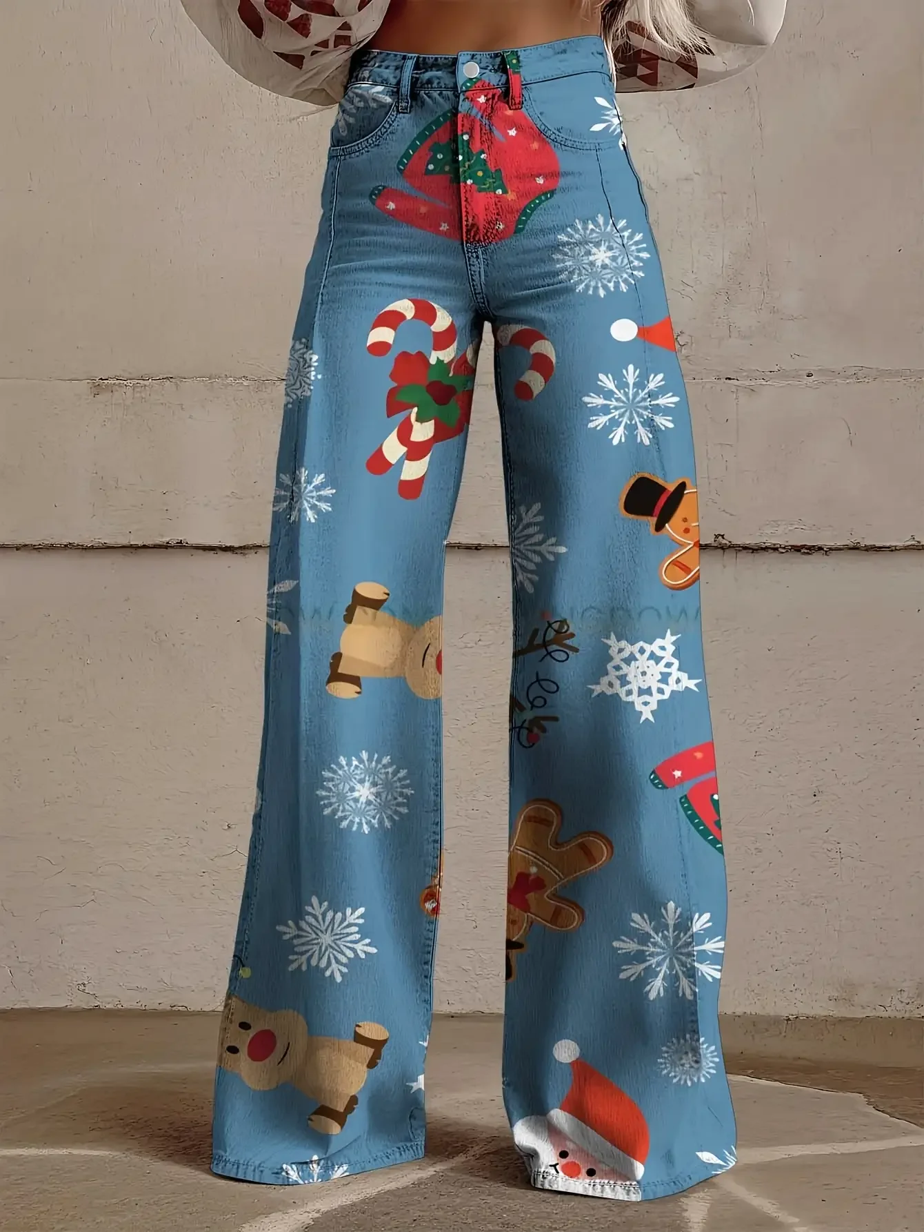 Ladies' high waisted micro elastic digital printed denim wide leg pants, versatile patterns