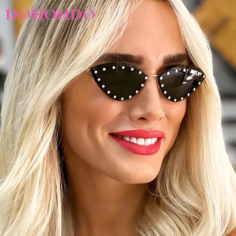 

Fashion Rimless Cat Eye Sunglasses Women Retro Luxury Brand Design Decorative Metal Glasses Outdoors Travel Party Shades UV400