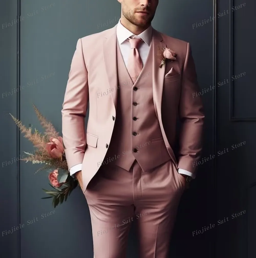 

New Pink Business Suit Men Tuxedos Groom Groomsman Prom Wedding Party Male Formal Occasion 3 Piece Set Blazer Vest Pants