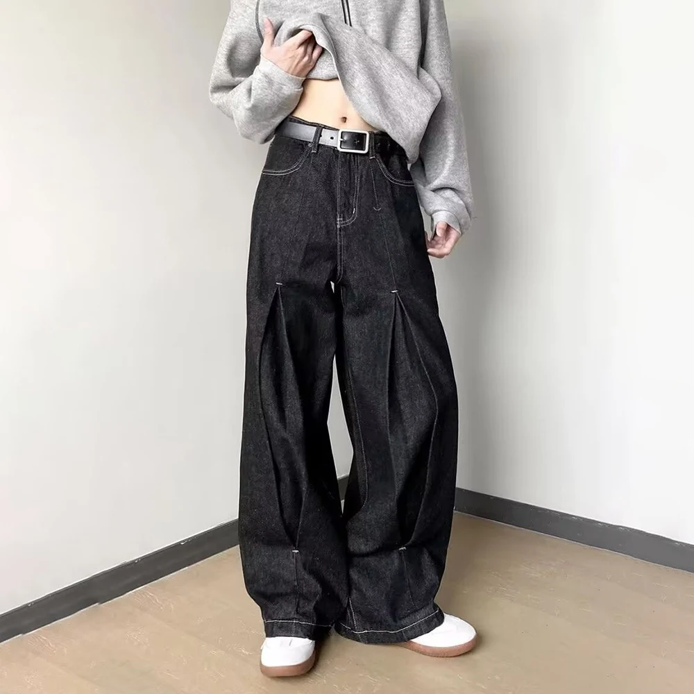 

Summer New Men's Solid Color Pleated Baggy Jeans American Retro Fashion Trend Street Hip-Hop Niche Breathable Men's Bottoms