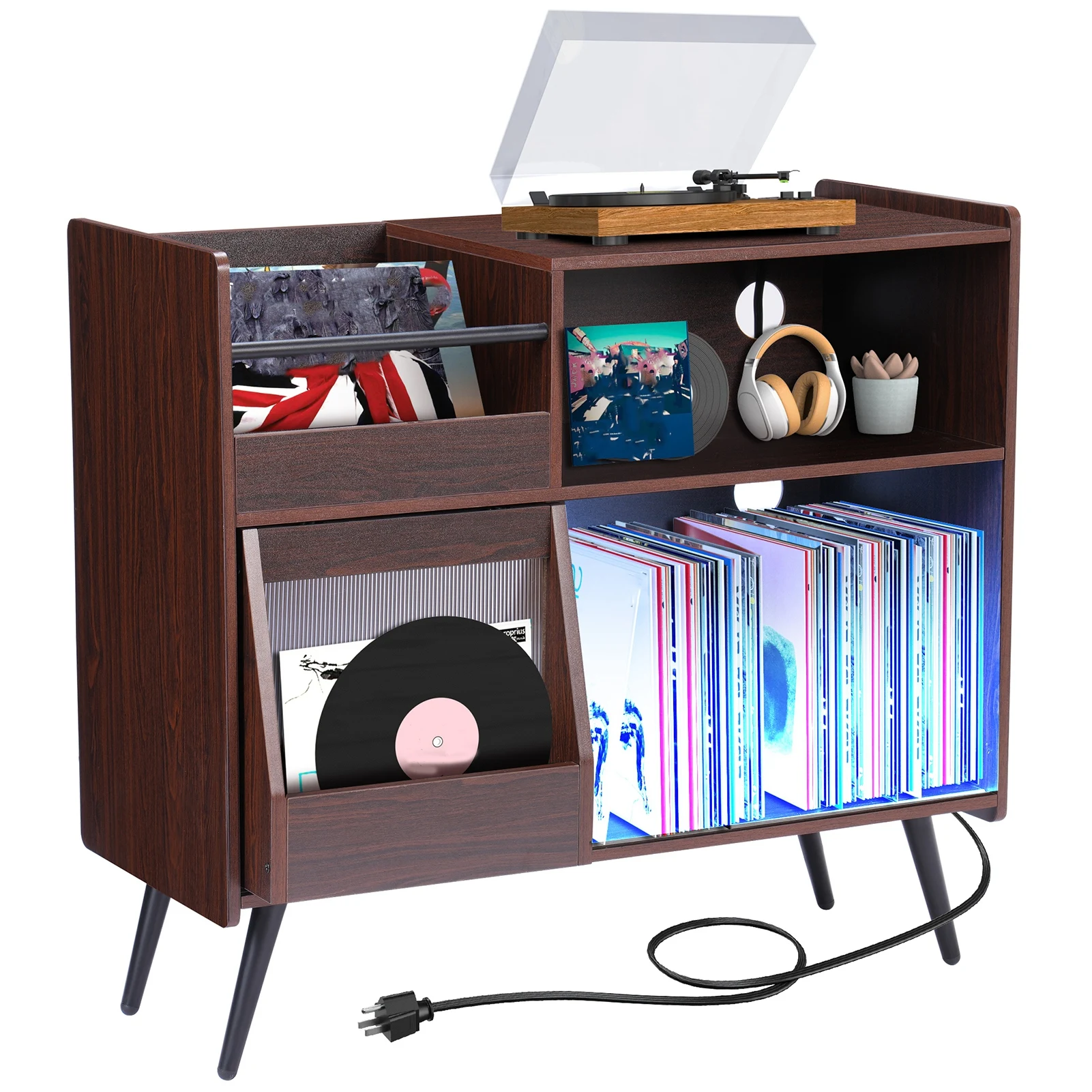Wooden Versatile Storage Cabinet with Socket Record Storage Cabinet with Light for Living, Dining & Modern Furniture