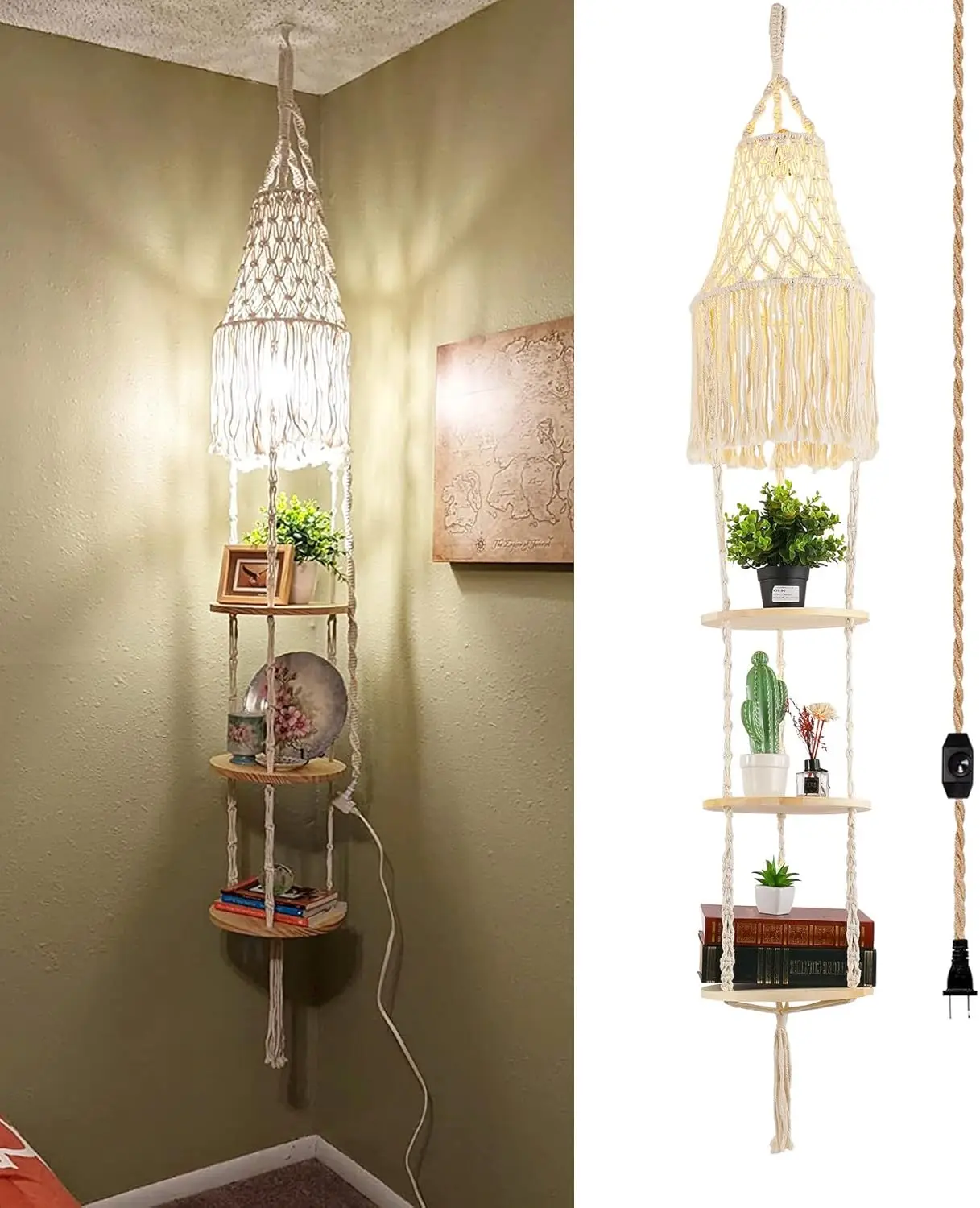 

Boho Plug-in Pendant Light with Dimmable Switch, Macrame Shade and Plant Shelf for Bohemian Decor