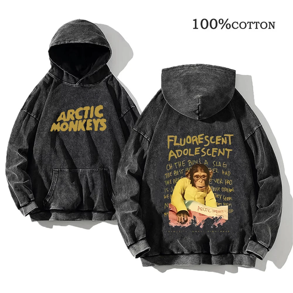 Retro Rock Printed Hoodies Arctic Monkeys Music Album Graphic Pullover Men\'s Vintage Washed Oversized Hoodies Hip Hop Streetwear