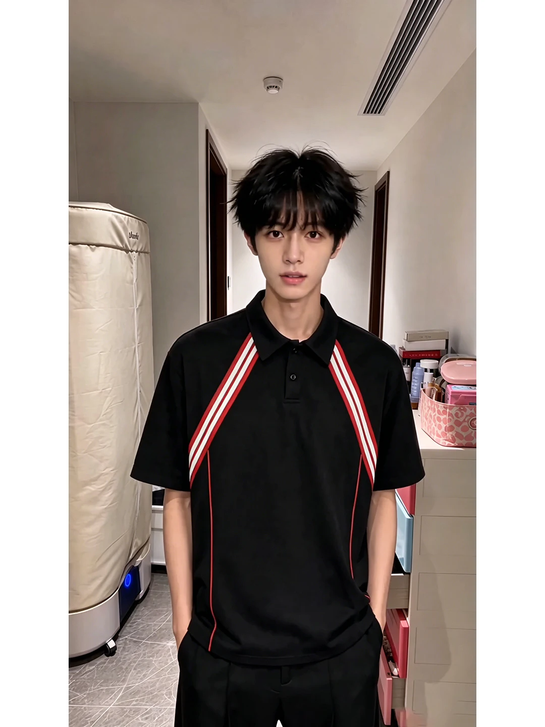 American Deconstructed Color Block Stripe Short Sleeve  Shirt Men Handsome High End Heavy Collar T Shirt Shoulder Level T...