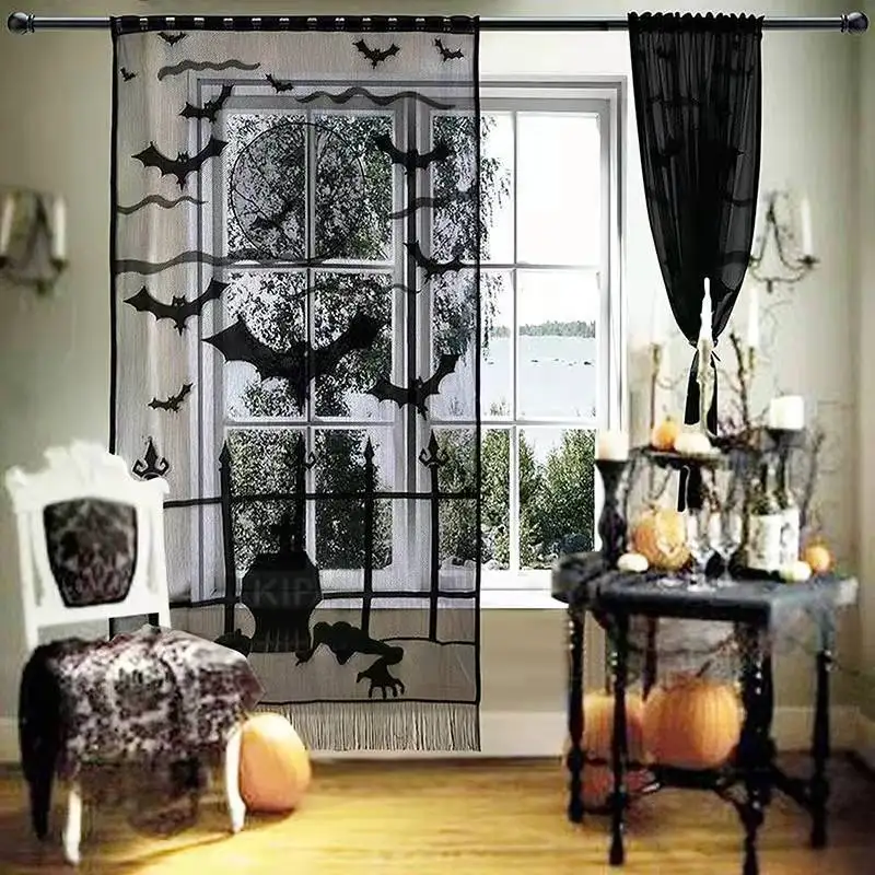 Halloween Black Lace Curtain Spider Witch Bat Skull Door Curtains Festival Halloween Theme Set Party Decoration