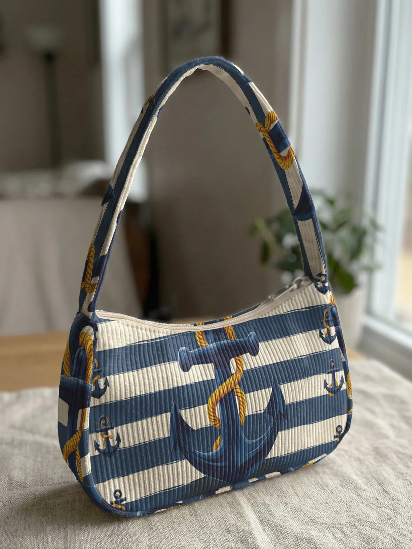 Trendy Nautical Anchor Print Shoulder Bag, Corduroy Underarm Bag for Daily Casual Use