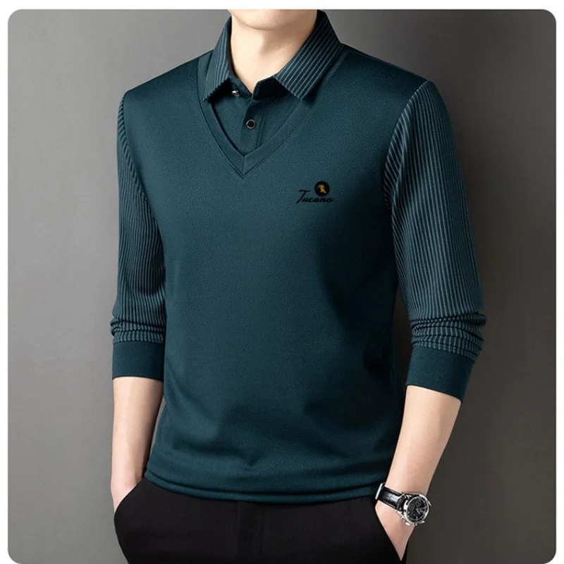 Men'S Fake Two Piece T Shirt Collar Base Layer Hoodie Casual Loose Thin